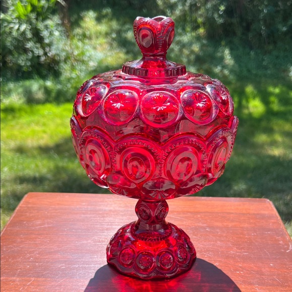 Le Smith Other - Vintage LE Smith Large Ruby Red Glass Moon and Star Pedestal Candy Dish